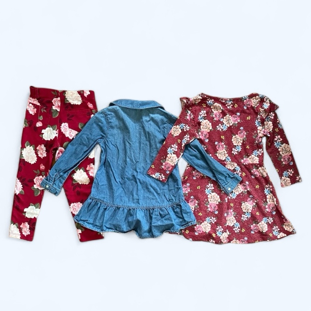 Girls’ 3 Piece Bundle Floral Chambray Dress Tunic Pants Red Blue Size 4/5 4T - Picture 2 of 3